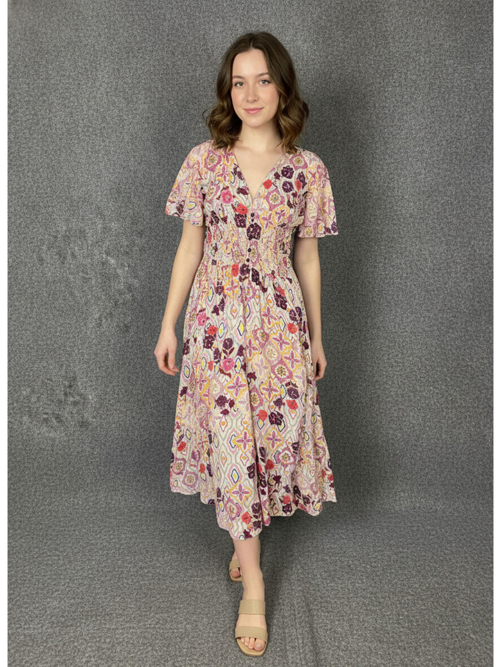 Pinko Multicolor Floral Short Sleeve Midi Dress